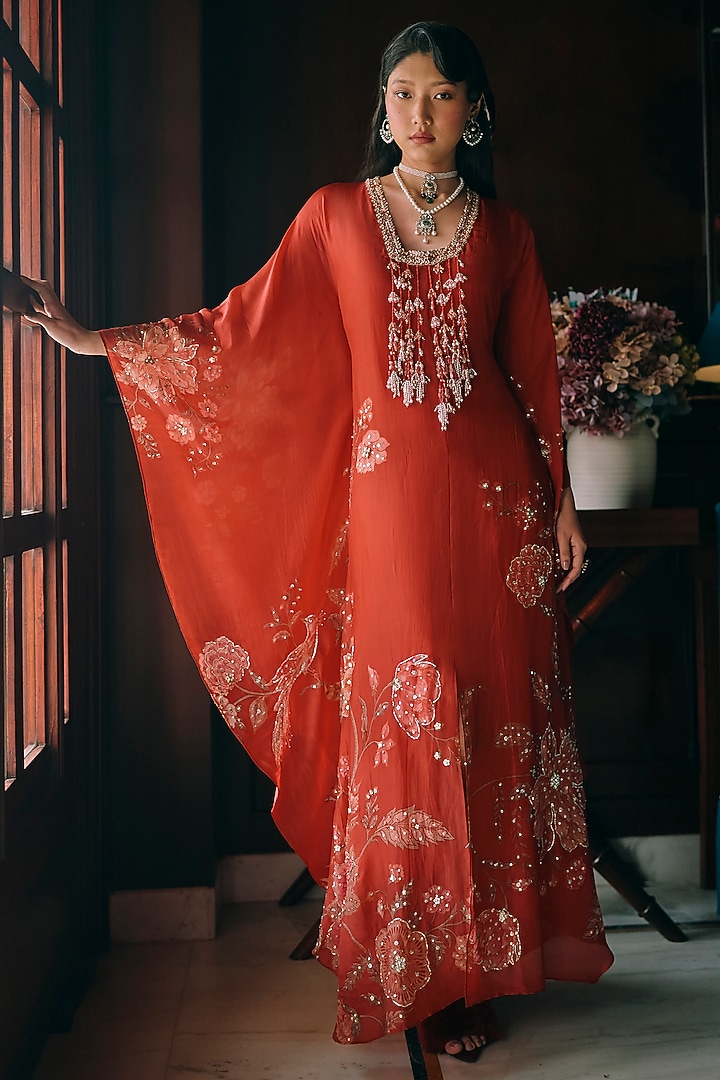 Crimson Red Silk Organza Floral Printed Kaftan by Paulmi & Harsh at Pernia's Pop Up Shop