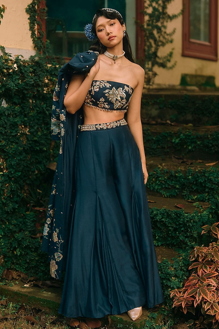 Berry Blue Silk Embroidered Jacket Set by Paulmi & Harsh at Pernia's Pop Up Shop