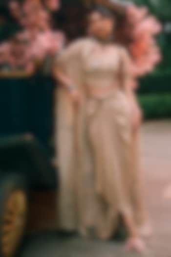 Ivory Cotton Silk Draped Skirt Set by Paulmi & Harsh at Pernia's Pop Up Shop