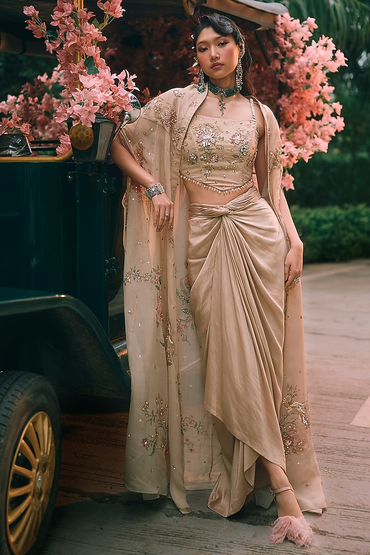 Ivory Cotton Silk Draped Skirt Set by Paulmi & Harsh at Pernia's Pop Up Shop