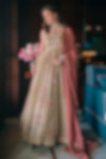 Olive Green Pure Organza Floral Printed Wedding Anarkali Set by Paulmi & Harsh at Pernia's Pop Up Shop