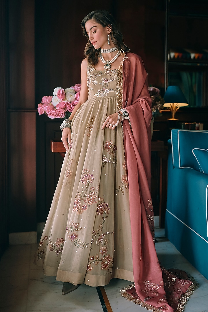 Olive Green Pure Organza Floral Printed Wedding Anarkali Set by Paulmi & Harsh at Pernia's Pop Up Shop
