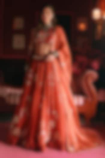 Crimson Red Pure Organza Floral Printed Wedding Lehenga Set by Paulmi & Harsh at Pernia's Pop Up Shop