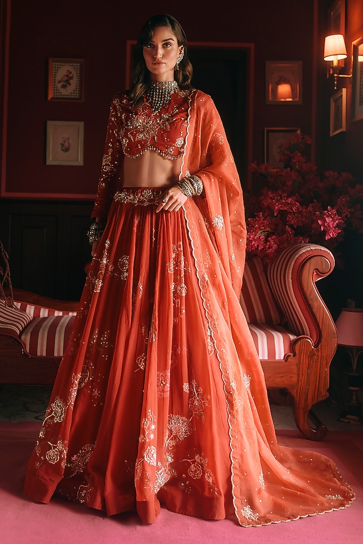Crimson Red Pure Organza Floral Printed Wedding Lehenga Set by Paulmi & Harsh at Pernia's Pop Up Shop