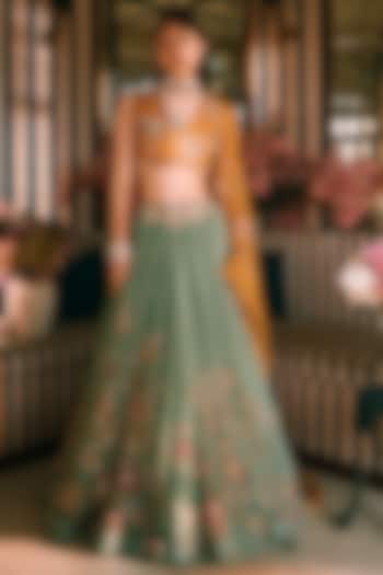 Moonlight Jade Pure Organza Floral Printed Wedding Lehenga Set by Paulmi & Harsh at Pernia's Pop Up Shop