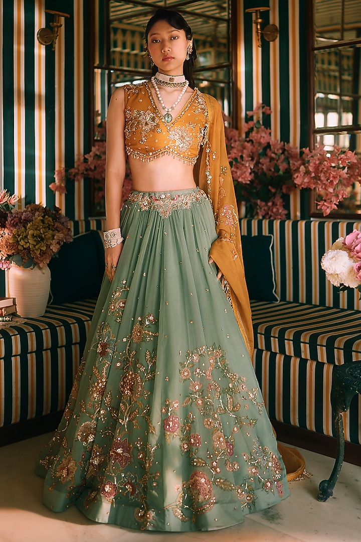 Moonlight Jade Pure Organza Floral Printed Wedding Lehenga Set by Paulmi & Harsh at Pernia's Pop Up Shop