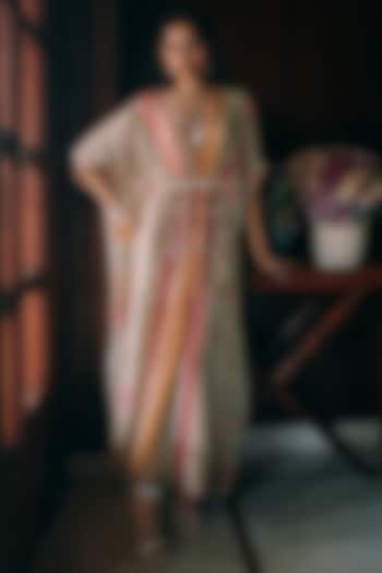 Ivory Silk Organza Printed & Embroidered Kaftan by Paulmi & Harsh at Pernia's Pop Up Shop