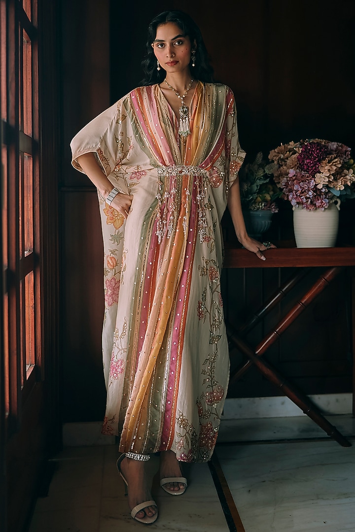 Ivory Silk Organza Printed & Embroidered Kaftan by Paulmi & Harsh at Pernia's Pop Up Shop