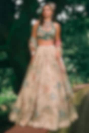 Ivory Pure Organza Floral Printed & Embroidered Wedding Lehenga Set by Paulmi & Harsh at Pernia's Pop Up Shop
