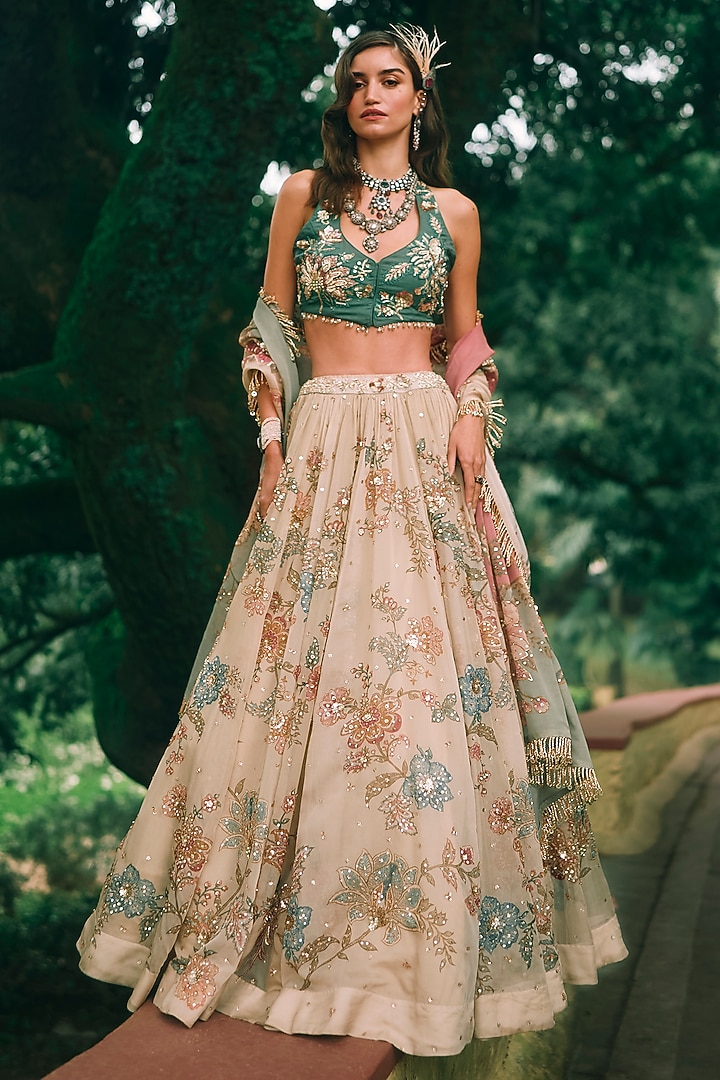 Ivory Pure Organza Floral Printed & Embroidered Wedding Lehenga Set by Paulmi & Harsh at Pernia's Pop Up Shop