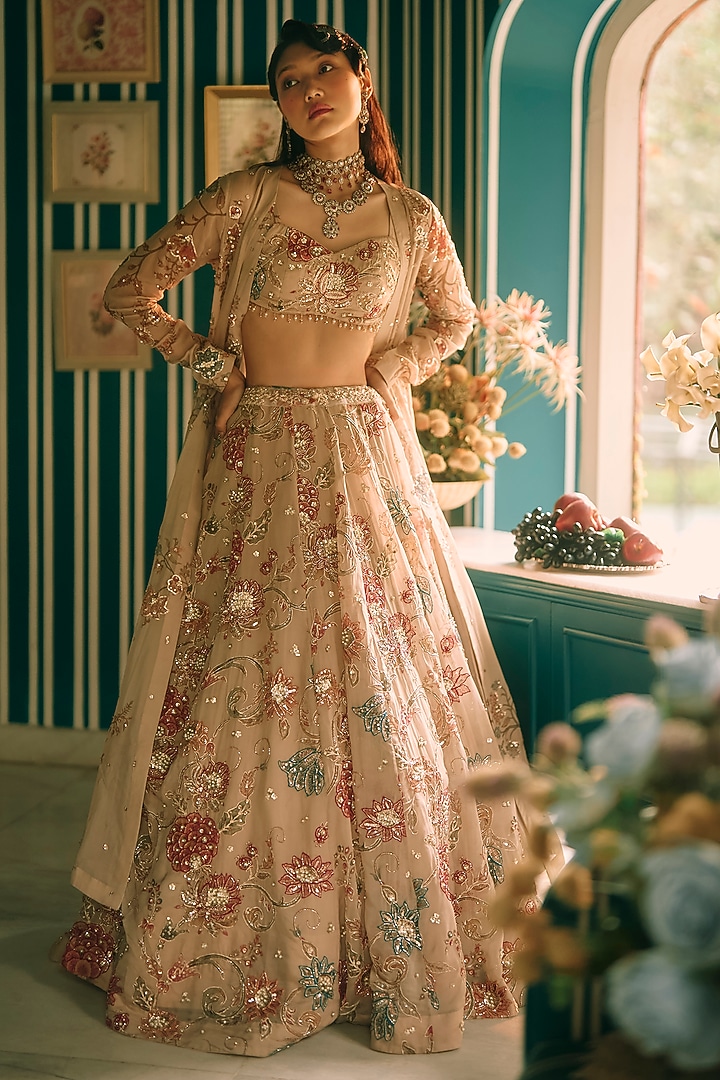 Ivory Pure Organza Floral Printed & Aari Embroidered Bridal Lehenga Set by Paulmi & Harsh at Pernia's Pop Up Shop