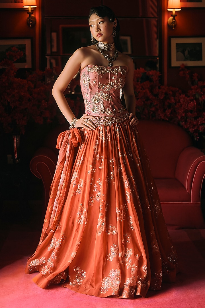Rust Orange Pure Organza Printed & Embroidered Wedding Lehenga Set by Paulmi & Harsh at Pernia's Pop Up Shop