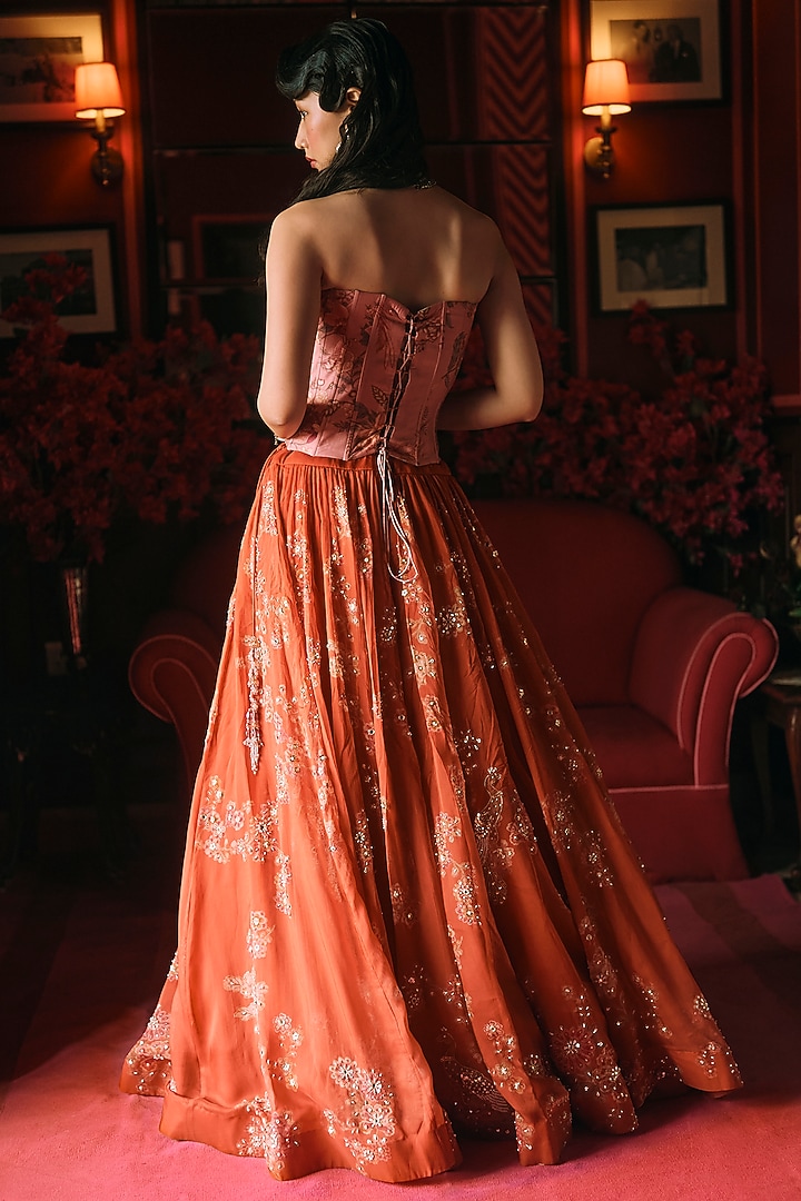 Rust Orange Pure Organza Printed & Embroidered Wedding Lehenga Set by Paulmi & Harsh at Pernia's Pop Up Shop