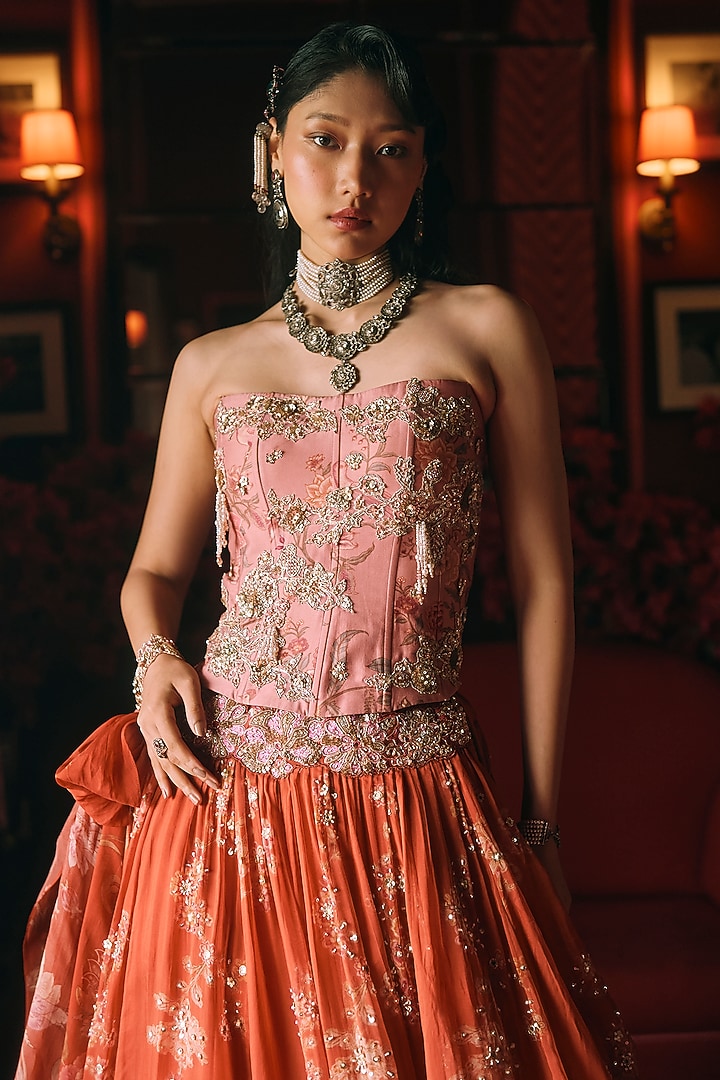 Rust Orange Pure Organza Printed & Embroidered Wedding Lehenga Set by Paulmi & Harsh at Pernia's Pop Up Shop
