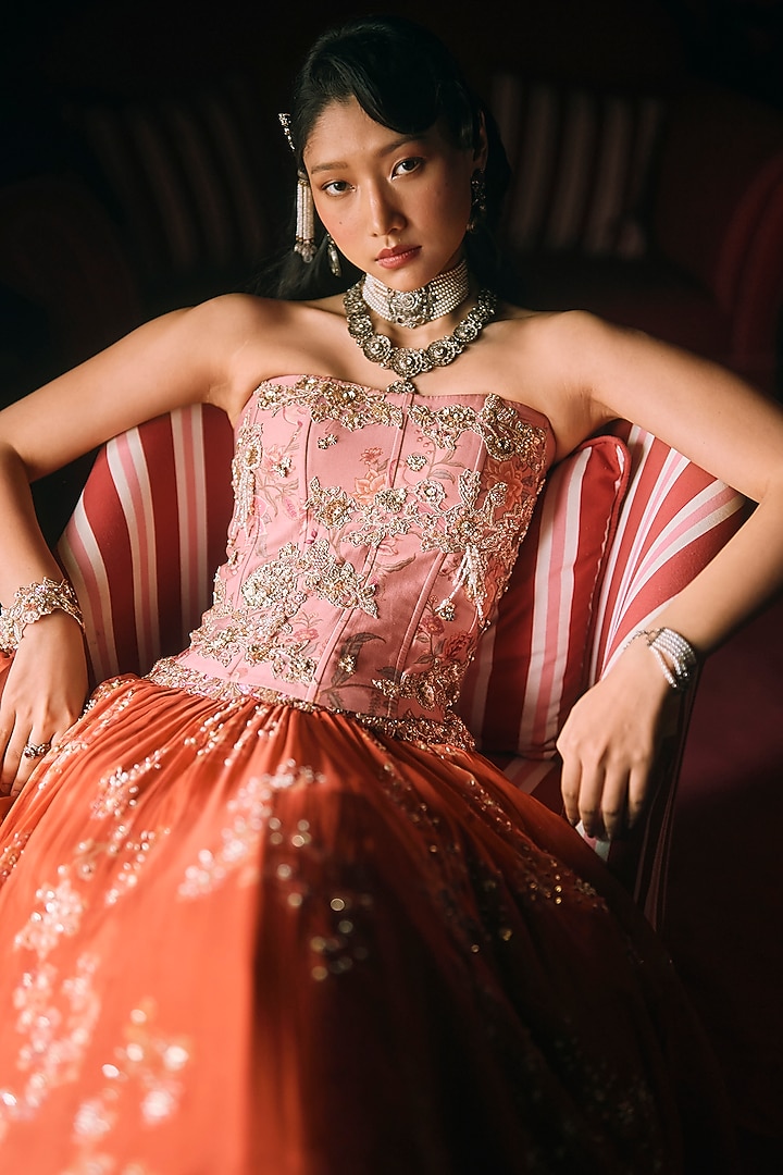 Rust Orange Pure Organza Printed & Embroidered Wedding Lehenga Set by Paulmi & Harsh at Pernia's Pop Up Shop