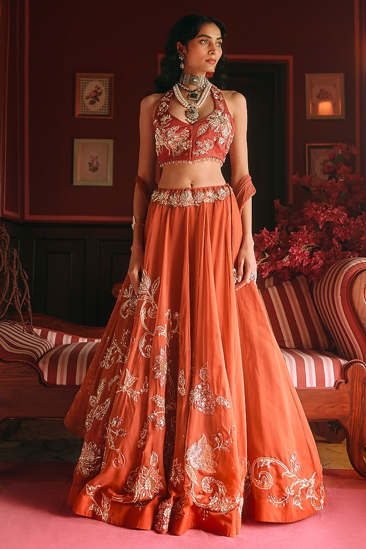 Rust Orange Pure Organza Printed & Embroidered Wedding Lehenga Set by Paulmi & Harsh at Pernia's Pop Up Shop