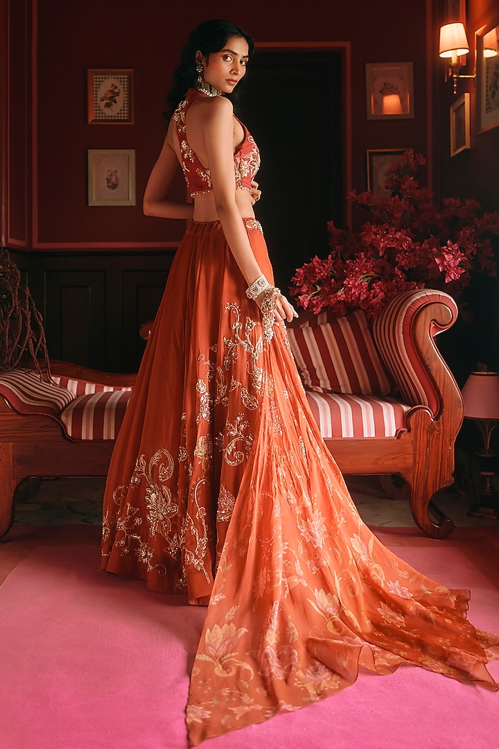 Rust Orange Pure Organza Printed & Embroidered Wedding Lehenga Set by Paulmi & Harsh at Pernia's Pop Up Shop