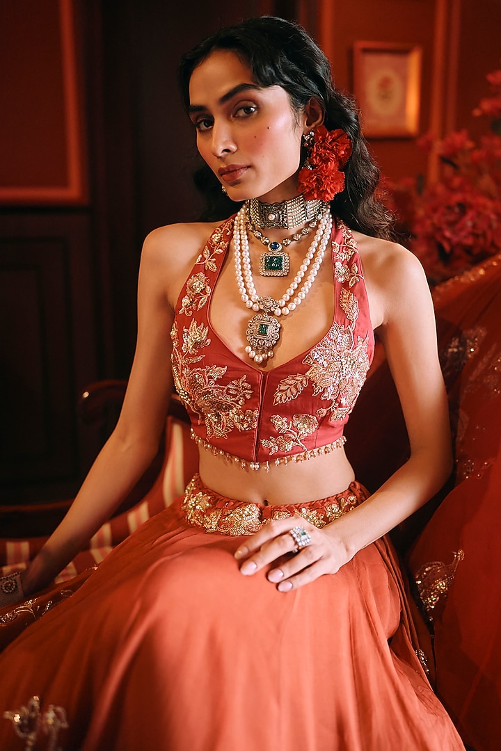 Rust Orange Pure Organza Printed & Embroidered Wedding Lehenga Set by Paulmi & Harsh at Pernia's Pop Up Shop