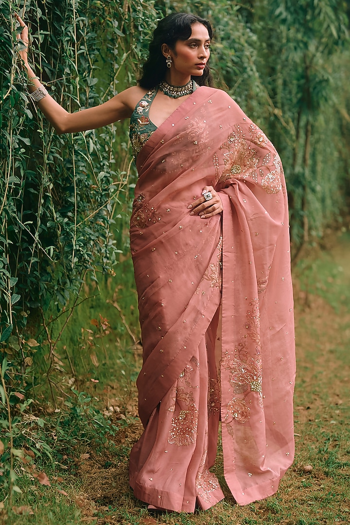 Salmon Pink Pure Organza Floral Printed & Embroidered Wedding Saree Set by Paulmi & Harsh at Pernia's Pop Up Shop