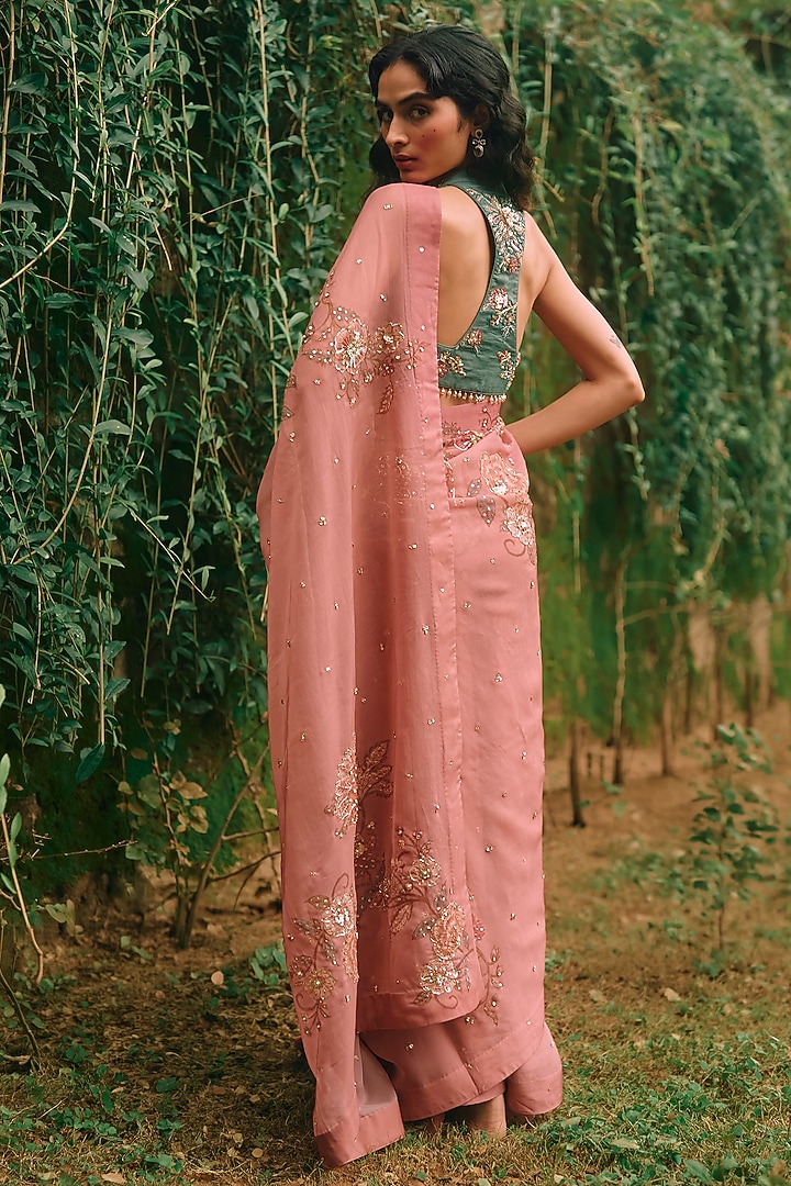 Salmon Pink Pure Organza Floral Printed & Embroidered Wedding Saree Set by Paulmi & Harsh at Pernia's Pop Up Shop