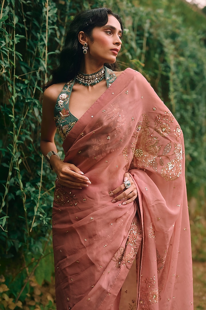 Salmon Pink Pure Organza Floral Printed & Embroidered Wedding Saree Set by Paulmi & Harsh at Pernia's Pop Up Shop