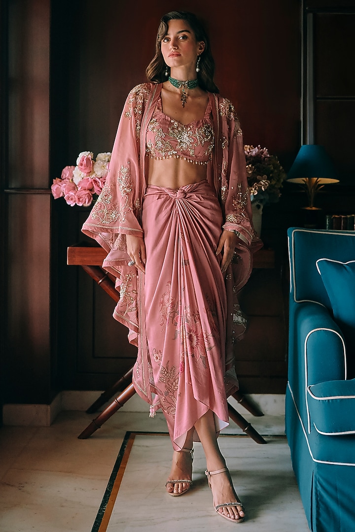 Salmon Pink Pure Organza Floral Printed & Embroidered Cape Set by Paulmi & Harsh at Pernia's Pop Up Shop