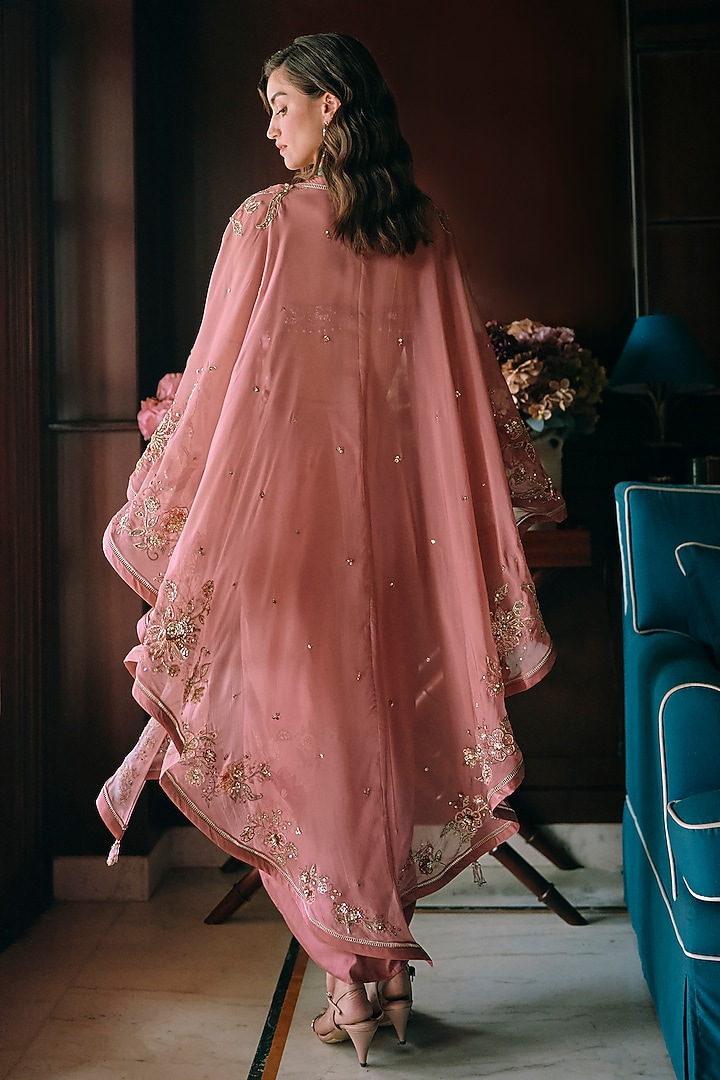 Salmon Pink Pure Organza Floral Printed & Embroidered Cape Set by Paulmi & Harsh at Pernia's Pop Up Shop
