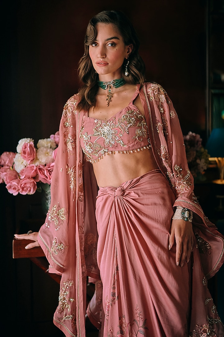 Salmon Pink Pure Organza Floral Printed & Embroidered Cape Set by Paulmi & Harsh at Pernia's Pop Up Shop