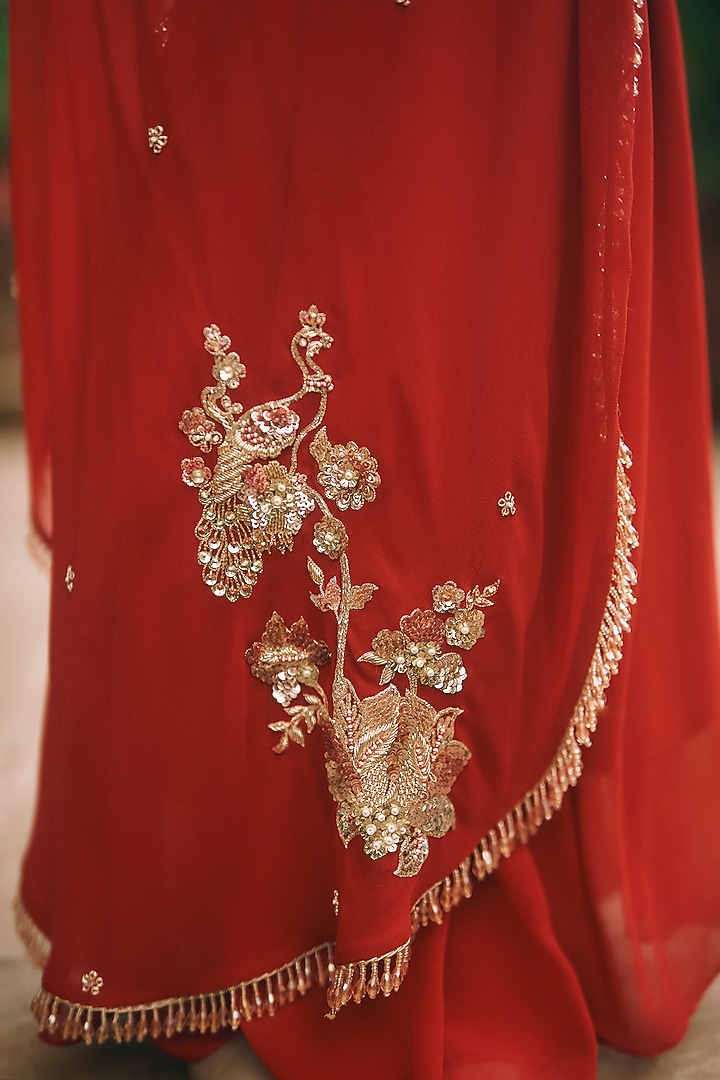 Crimson Red Georgette Printed Wedding Saree Set by Paulmi & Harsh at Pernia's Pop Up Shop