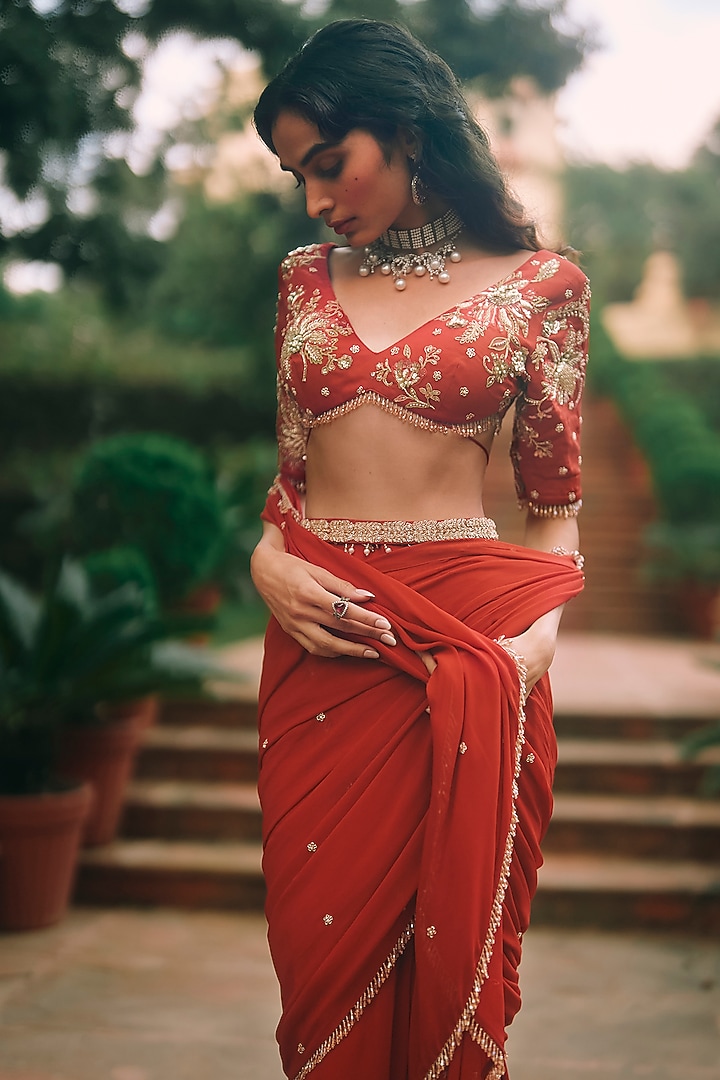 Crimson Red Georgette Printed Wedding Saree Set by Paulmi & Harsh at Pernia's Pop Up Shop