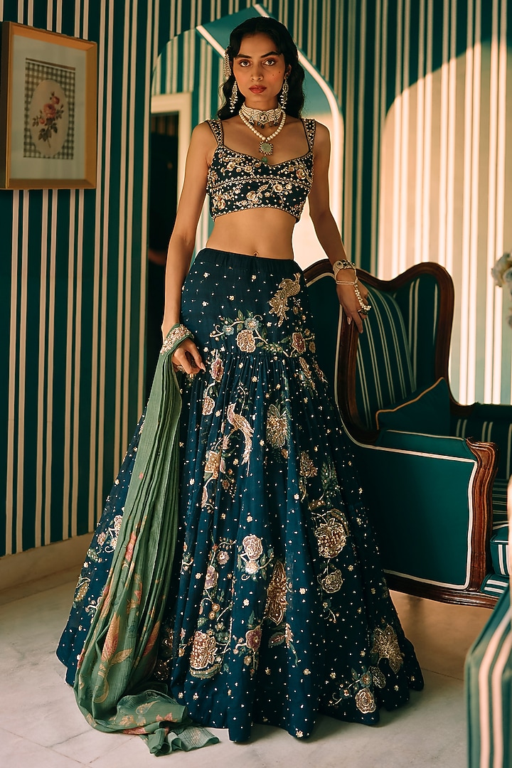 Berry Blue Pure Organza Printed & Embroidered Wedding Lehenga Set by Paulmi & Harsh at Pernia's Pop Up Shop