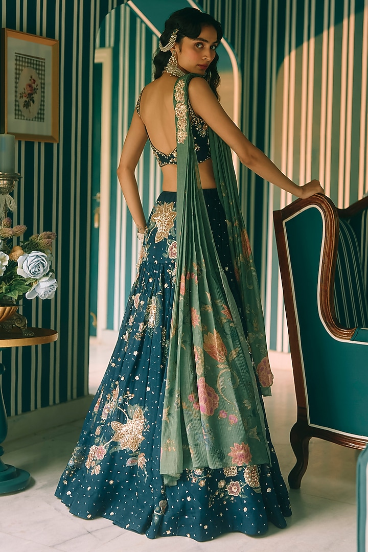 Berry Blue Pure Organza Printed & Embroidered Wedding Lehenga Set by Paulmi & Harsh at Pernia's Pop Up Shop