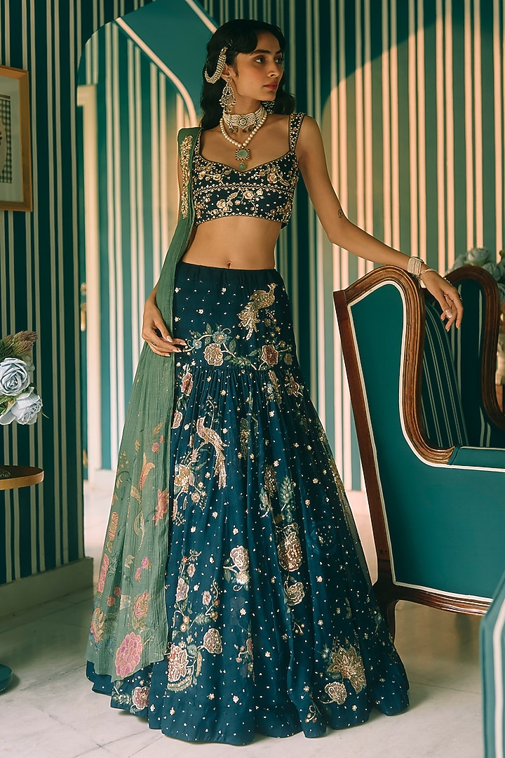 Berry Blue Pure Organza Printed & Embroidered Wedding Lehenga Set by Paulmi & Harsh at Pernia's Pop Up Shop