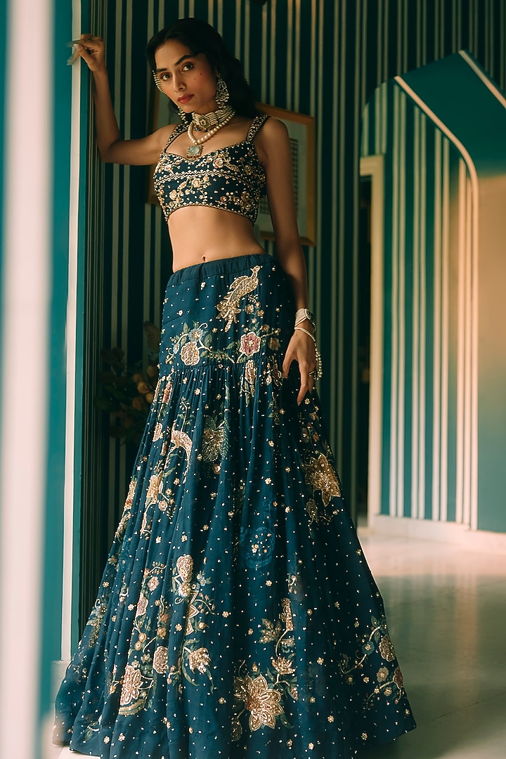 Berry Blue Pure Organza Printed & Embroidered Wedding Lehenga Set by Paulmi & Harsh at Pernia's Pop Up Shop