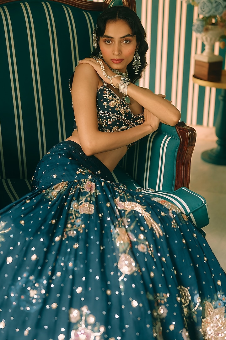 Berry Blue Pure Organza Printed & Embroidered Wedding Lehenga Set by Paulmi & Harsh at Pernia's Pop Up Shop