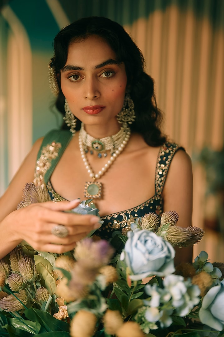 Berry Blue Pure Organza Printed & Embroidered Wedding Lehenga Set by Paulmi & Harsh at Pernia's Pop Up Shop