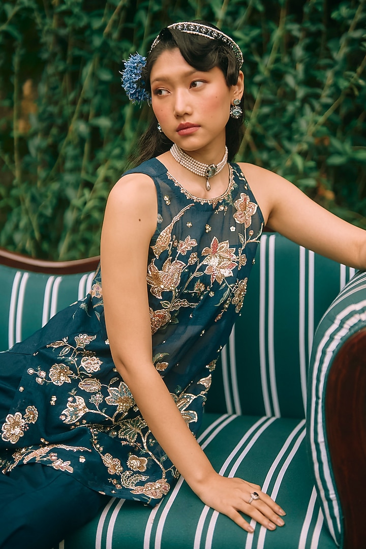 Berry Blue Pure Organza Printed & Embroidered Kurta Set by Paulmi & Harsh at Pernia's Pop Up Shop