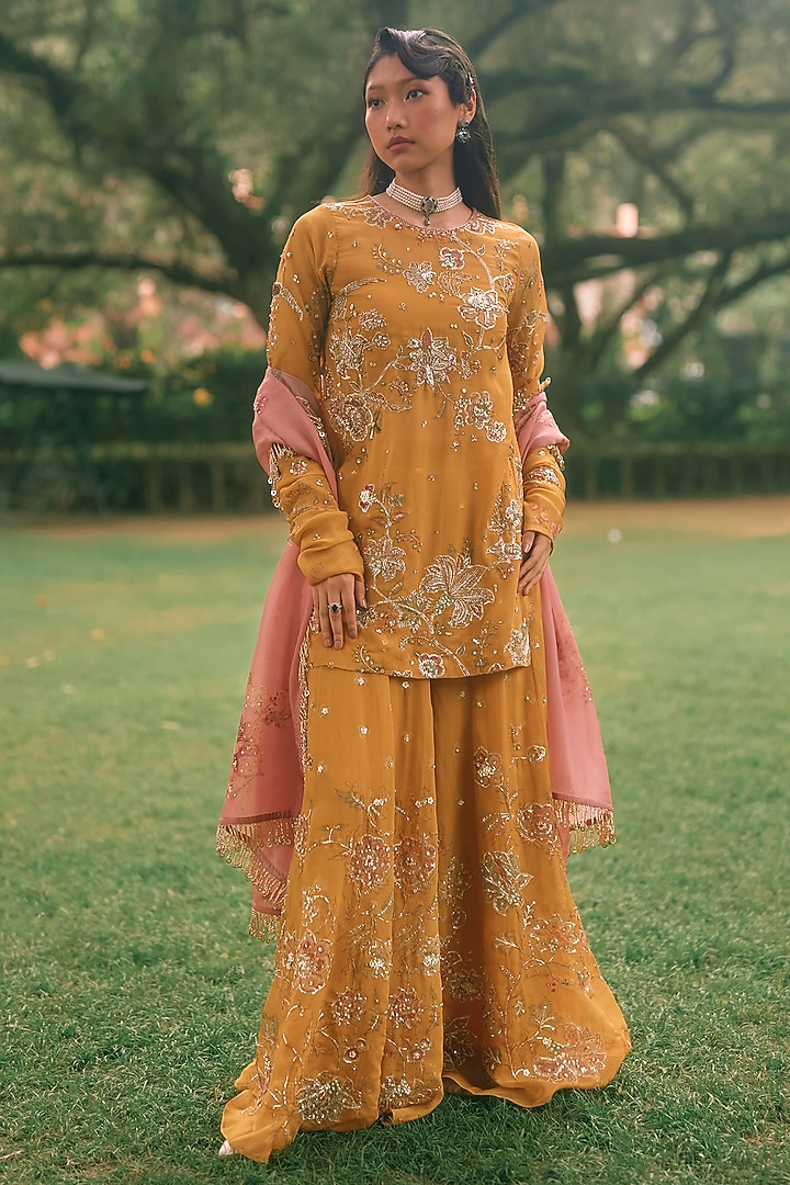 Mustard Yellow Pure Organza Printed Kurta Set by Paulmi & Harsh at Pernia's Pop Up Shop