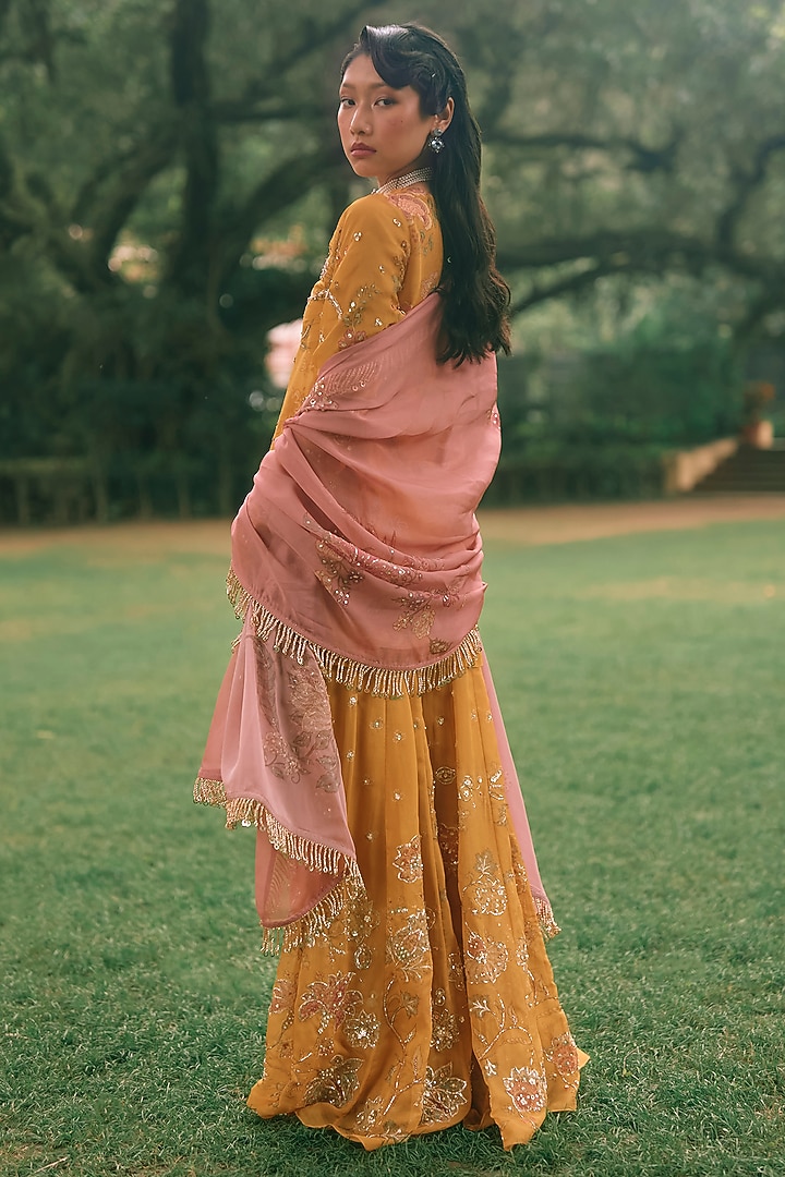 Mustard Yellow Pure Organza Printed Kurta Set by Paulmi & Harsh at Pernia's Pop Up Shop