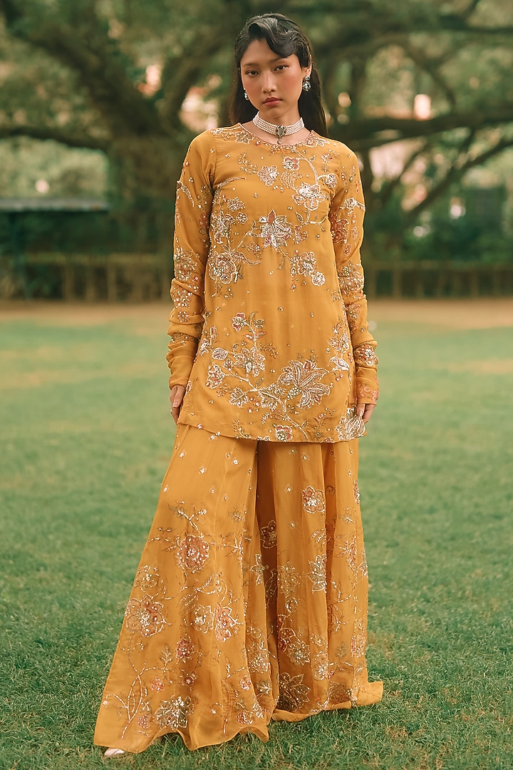 Mustard Yellow Pure Organza Printed Kurta Set by Paulmi & Harsh at Pernia's Pop Up Shop