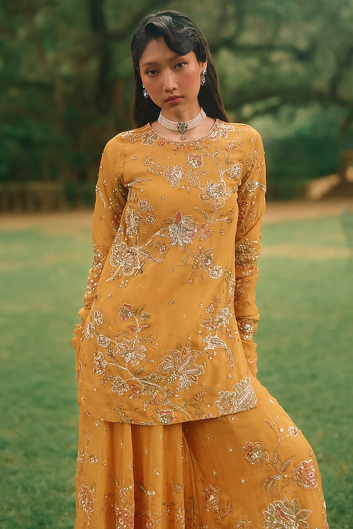 Mustard Yellow Pure Organza Printed Kurta Set by Paulmi & Harsh at Pernia's Pop Up Shop