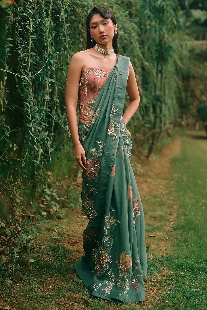 Forest Green Gokul Chiniya Printed Wedding Saree Set by Paulmi & Harsh at Pernia's Pop Up Shop