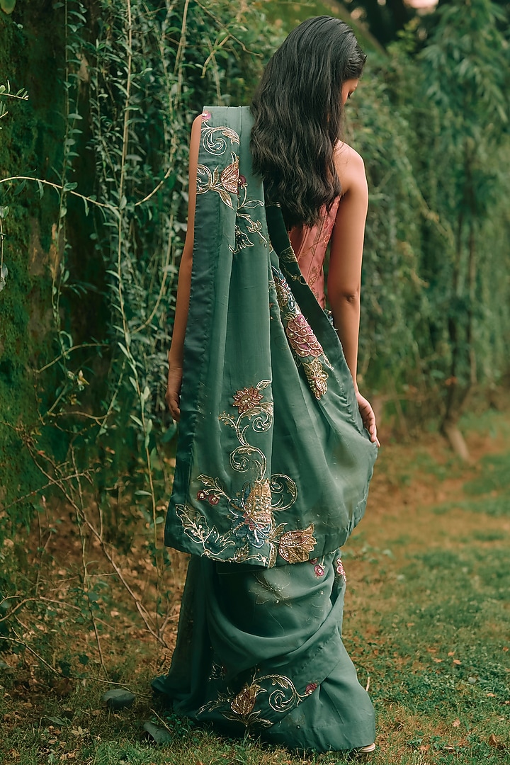 Forest Green Gokul Chiniya Printed Wedding Saree Set by Paulmi & Harsh at Pernia's Pop Up Shop