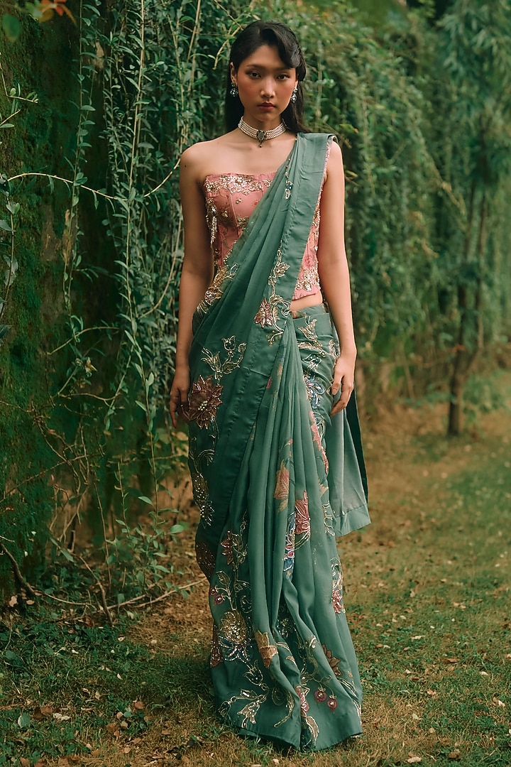Forest Green Gokul Chiniya Printed Wedding Saree Set by Paulmi & Harsh at Pernia's Pop Up Shop