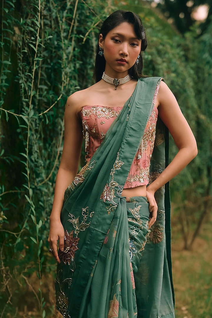 Forest Green Gokul Chiniya Printed Wedding Saree Set by Paulmi & Harsh at Pernia's Pop Up Shop
