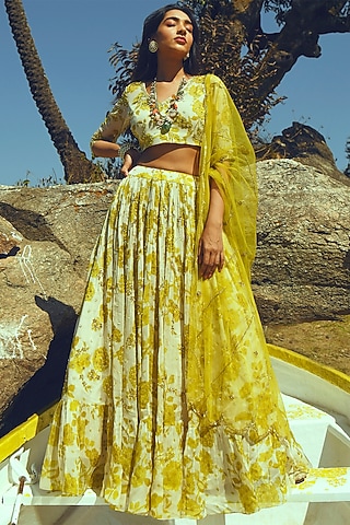Off-White & Yellow Georgette Printed Lehenga Set by Paulmi & Harsh