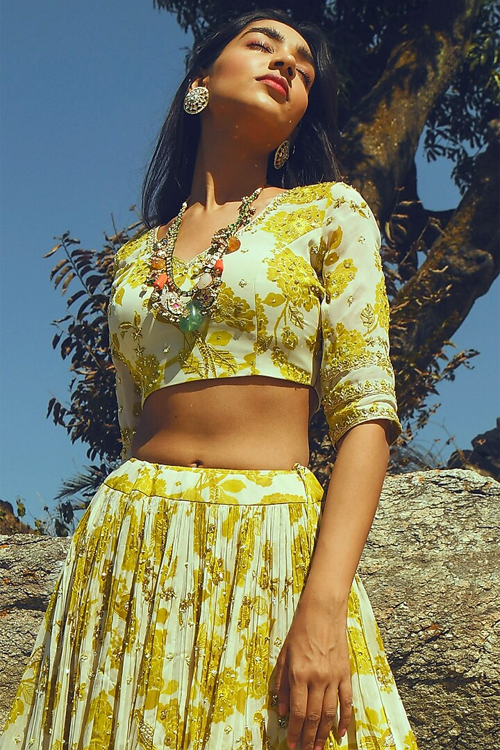 Off-White & Yellow Georgette Printed Wedding Lehenga Set by Paulmi & Harsh at Pernia's Pop Up Shop