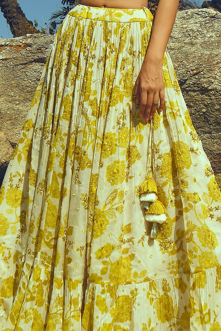 Off-White & Yellow Georgette Printed Wedding Lehenga Set by Paulmi & Harsh at Pernia's Pop Up Shop