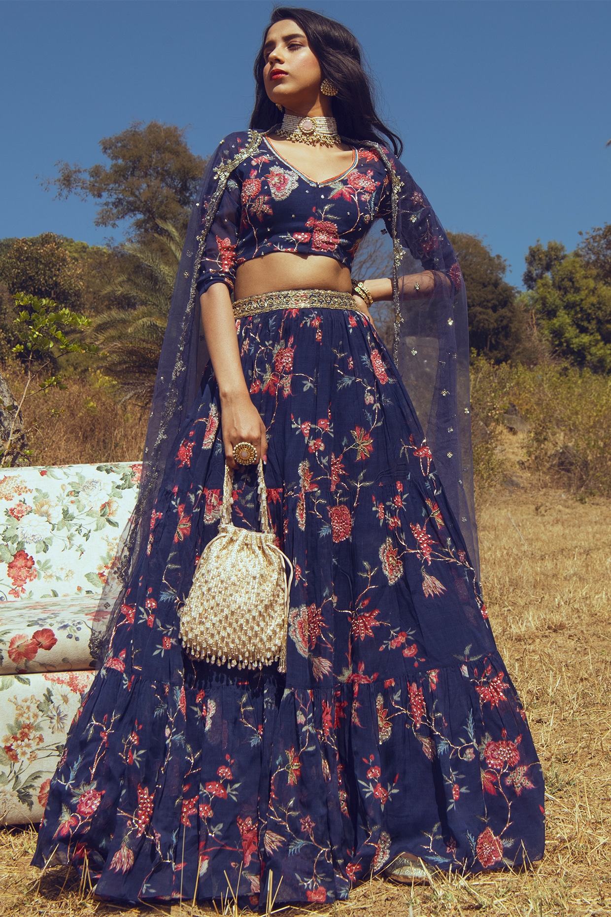 Embriodered Designer Velvet Blue Lehenga Choli for Bride – Nameera by Farooq