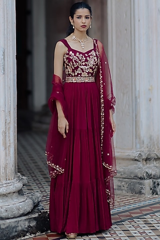Wine Layered Anarkali With Dupatta by Paulmi & Harsh